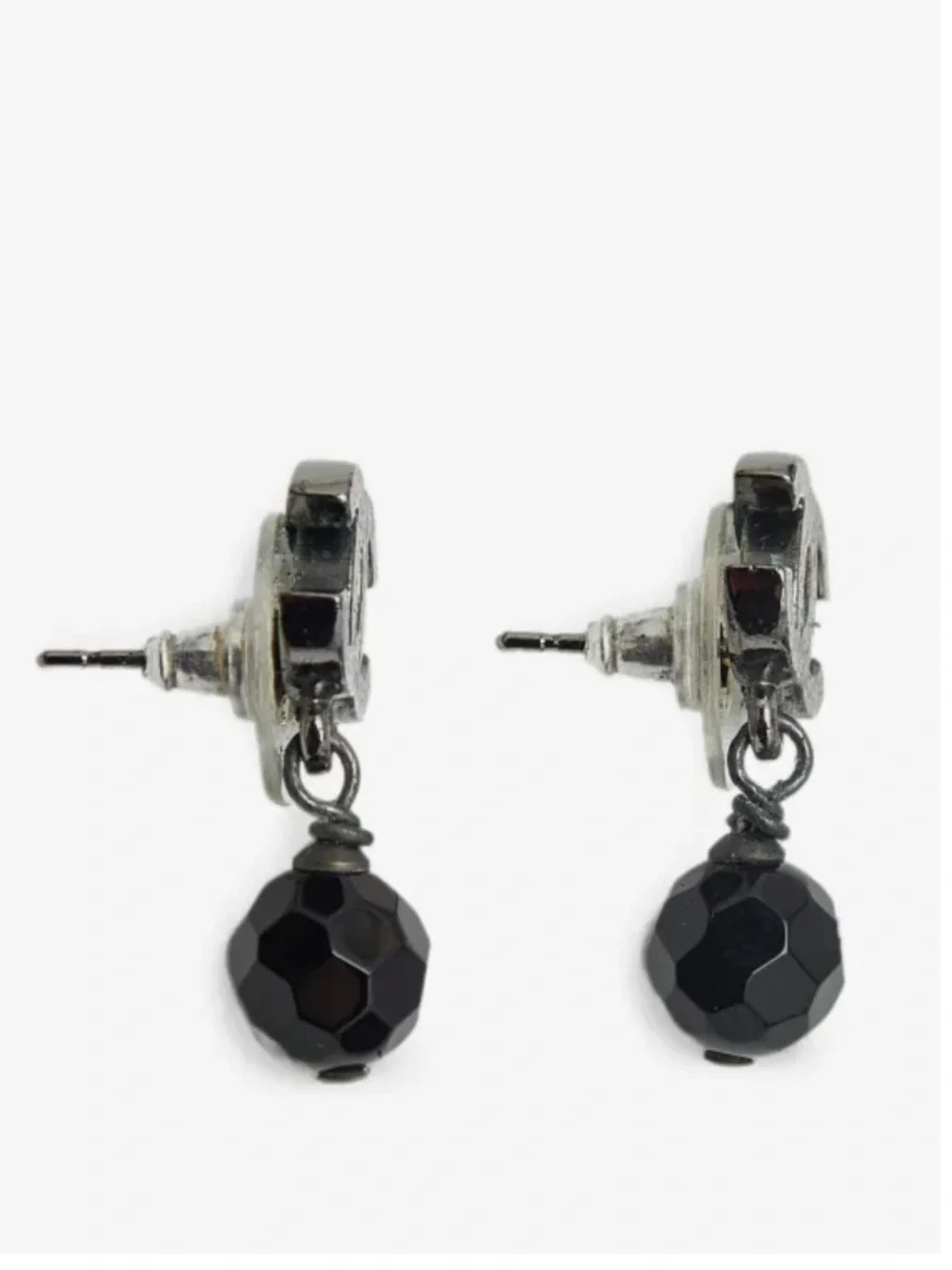 CHANEL AUTHENTIC Dark Gray and BLACK CC Drop Earrings with Faceted Beads
